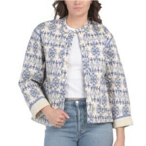 [BLANKNYC] Blue & White Quilted Ikat Jacket Boho Lightweight Snap Front Coat